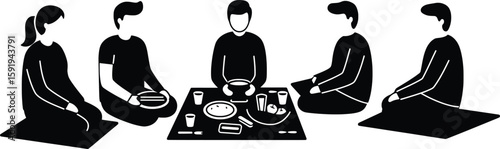 Gathering Action, Friends Dining, Home Setting, Vector Illustration, Casual Environment, Top View, Togetherness Concept