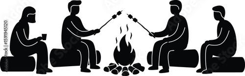 Camping Adventure, Friends Gathering, Forest Campfire, Vector Illustration, Evening Atmosphere, Cozy Setting