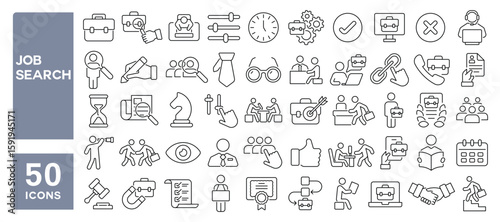 Set of 50 line icons related to job search, recruitment, interview, headhunting, career development, work seeking, Editable stroke. Vector illustration