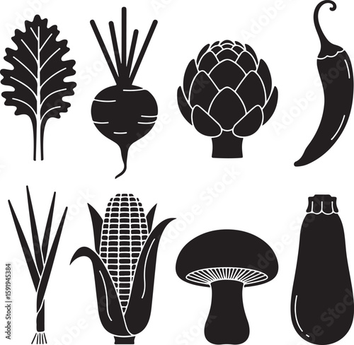 Black vegetable silhouettes kale beet artichoke chili corn mushroom zucchini