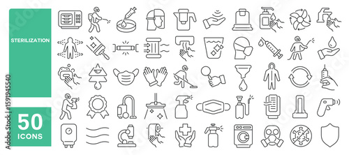 Set of 50 line icons related to sterilization, disinfection, filtration, hygiene, sterilizer, Editable stroke. Vector illustration
