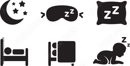 Nighttime Rest Icons Set Depicting Sleep, Dreams, and Relaxation for Graphic Design and Web Projects