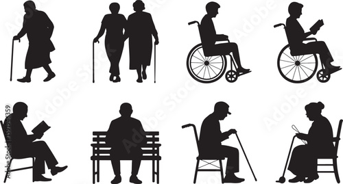 Senior Citizen Silhouette Icons Set Depicting Elderly People with Canes and Wheelchairs