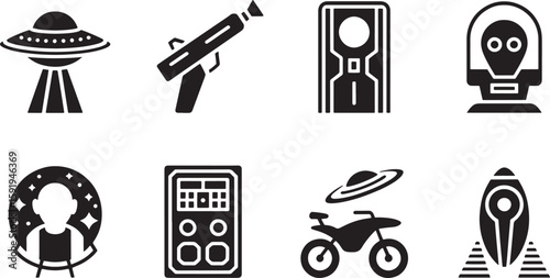 Set of Space Exploration Icons Featuring Spaceships, Aliens, and Futuristic Technology in Black Silhouette