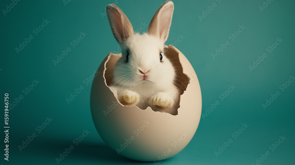 Obraz premium Easter rabbit, cute white bunny coming out of an opened egg on empty dark green background with copy space 
