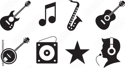 Silhouette Musical Instruments Collection Featuring Guitar, Saxophone, Banjo, Speaker, and Headphone Profile