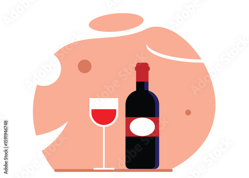 Glass and Bottle of Red Wine Flat Style. Alcoholic drinks and beverages vector art