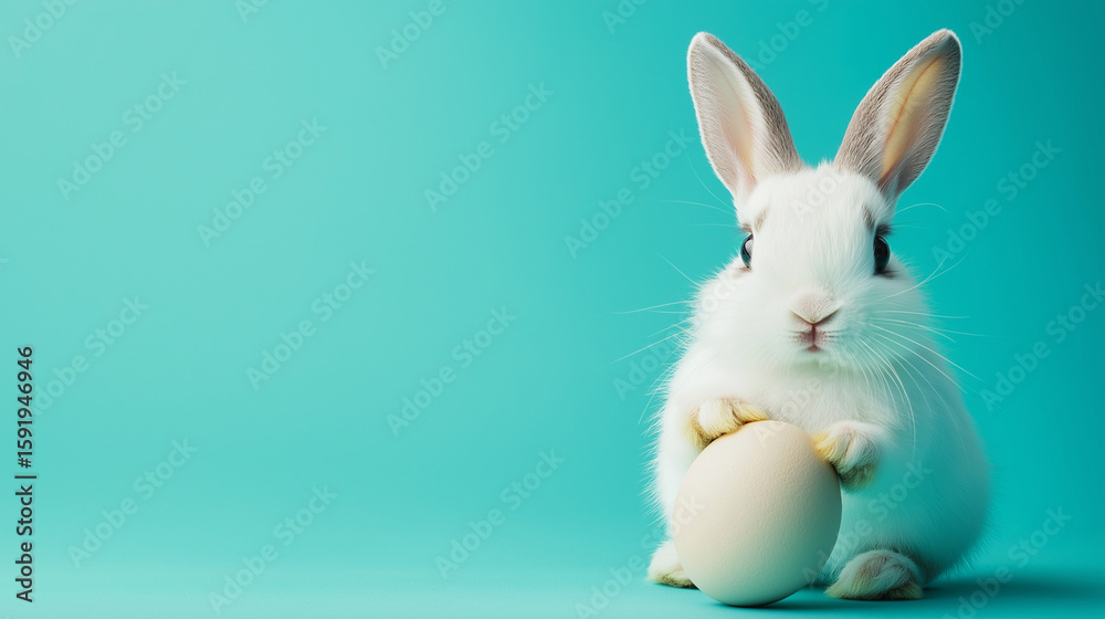 Obraz premium Easter rabbit, cute white bunny coming out of an opened egg on empty light blue background with copy space 