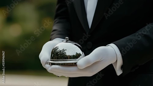 A staff member in formal attire showcases impeccable service by holding a gleaming bell, ready to assist with a welcoming gesture