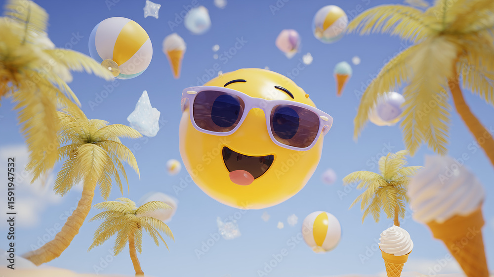 Naklejka premium Happy cartoon sun with sunglasses above a beach with smiling trees and beach toys in bright colors Generative AI