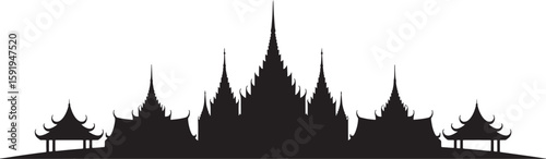 Asian Temple Silhouette with Pagodas and Traditional Rooflines on a Transparent Background for Design