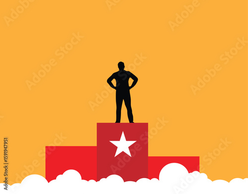 Man on Pedestal in the Sky Won a Competition Silhouette. Business and success at work concept vector art