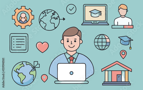 Diverse flat vector icon set remote work online learning finance health and relationships
