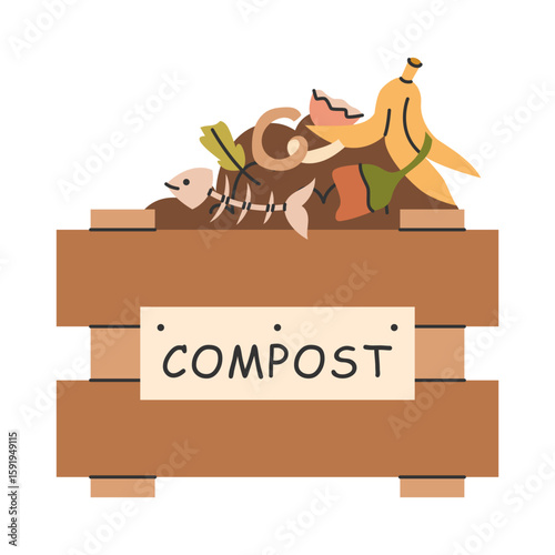 Compost bin with organic kitchen waste. Wooden garden container filled with fruit and vegetable scraps for sustainable recycling and composting. Vector.