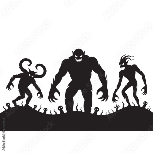 Three silhouetted monsters with glowing eyes standing on a hill with small figures around them