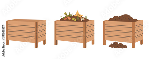 Composting process stages set. Three wooden compost bins showing empty container, organic waste, and finished compost soil. Eco-friendly gardening and recycling concept illustration.
