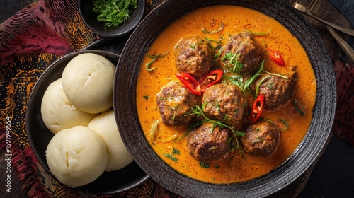 Central African Republic dish Kanda Ti Nyma Spicy meatball stew with peanut sauce served with fufu