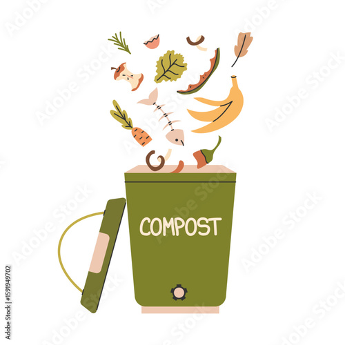 Food waste falling into compost bin vector illustration. Organic scraps being disposed into green eco container. Concept of composting, zero waste lifestyle, and sustainable garbage sorting. 