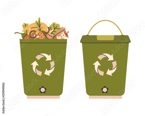 Kitchen compost bin. Two compost bins with food waste and lid. Ecological concept of zero waste for home organic recycling and sustainable lifestyle. Vector illustration.