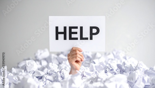 A hand emerging from a pile of crumpled paper, holding a sign that says 