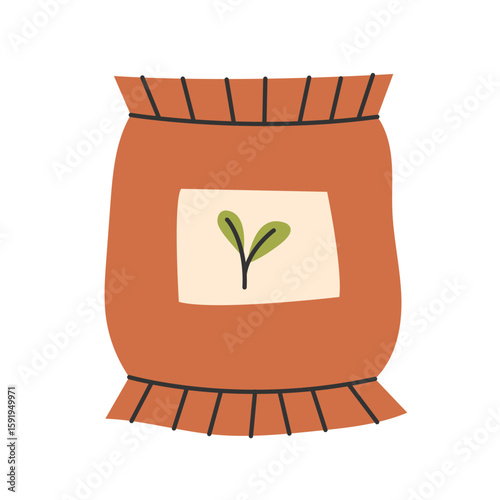 Pack of organic compost fertilizer with eco label. Illustration of gardening and soil enrichment. Vector illustration.