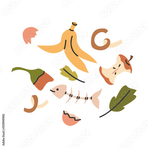 Organic kitchen waste. Collection of compostable food scraps including banana peel, fish bone, eggshell, bell pepper, carrot top, potato peels, and dry leaves. Eco friendly compost illustration. 