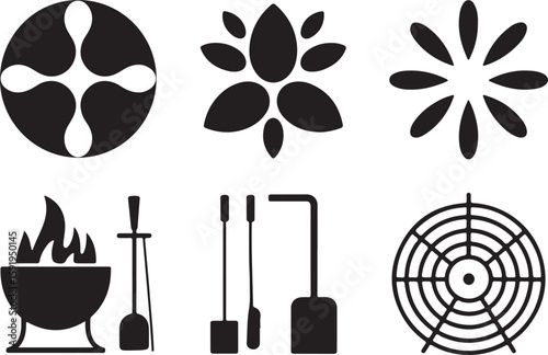 Silhouette Icons of Floral Motifs and Fire Pit Tools