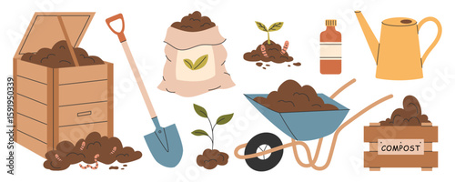 Set for composting and organic gardening. Includes fertilizer bag, plant sprouts, garden tools, compost bin, soil, watering can. Vector illustration.