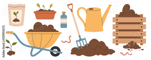 Set of elements for home composting and organic gardening. Garden tools, fertilizer, plant sprouts, wheelbarrow with soil, earthworm, watering can, wooden compost bin. Vector illustration.