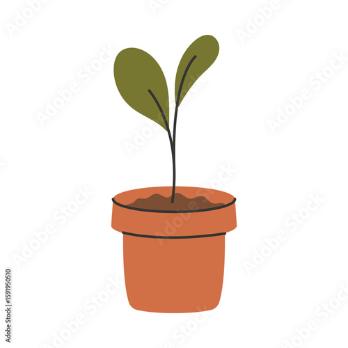 Small sprout growing in compost-enriched soil inside a flower pot. Ideal symbol of successful composting. Vector illustration.