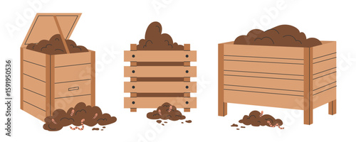 Set of three wooden garden compost bins with worms for decomposing organic waste. Backyard composting system with separate containers for fresh waste, biodegradables and finished compost.