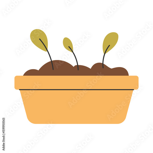 Small sprouts sprouting in compost-enriched soil inside a flower pot. Perfect symbol of successful composting. Vector illustration.