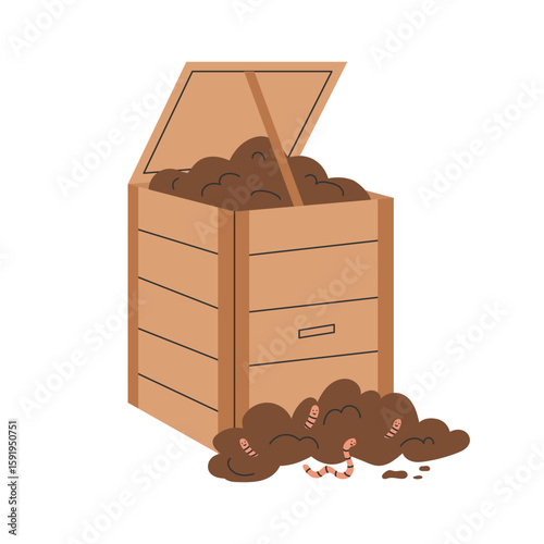 Wooden compost bin with dark soil. Garden box filled with composted organic matter, rich natural fertilizer for plants and gardening. Vector illustration