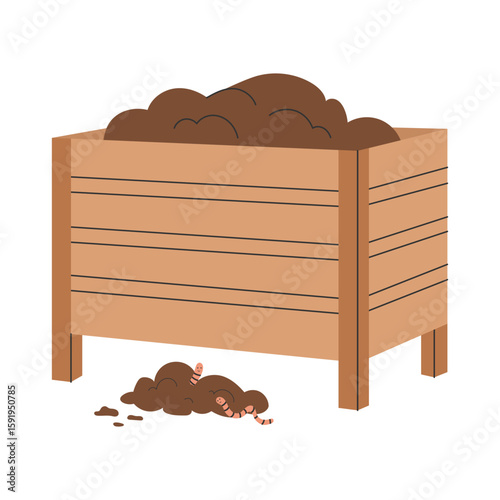 Wooden compost bin with dark soil. Garden box filled with composted organic matter, rich natural fertilizer for plants. Vector illustration.