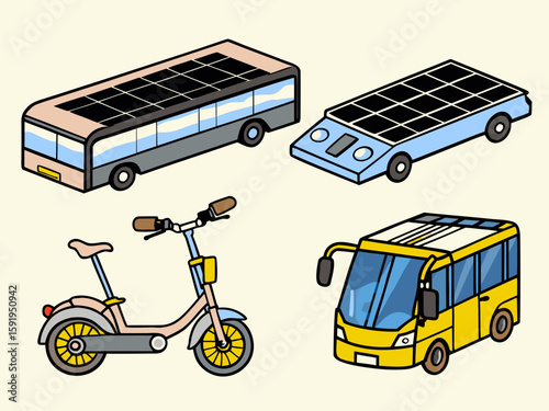 Collection of solar powered vehicles and electric scooter