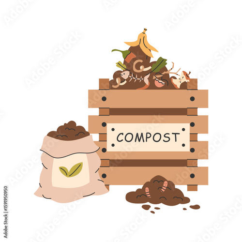 Wooden compost bin with organic waste and worms in the soil. Bag of soil next to the bin. Vector illustration of ecological gardening and recycling.