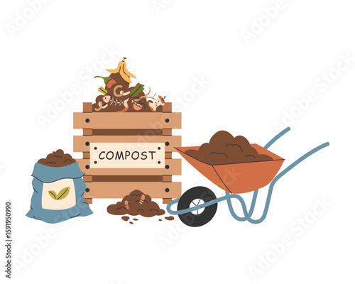 Wooden compost bin with decomposing organic waste and worms in the soil. Garden wheelbarrow and bag filled with rich compost. Vector illustration.