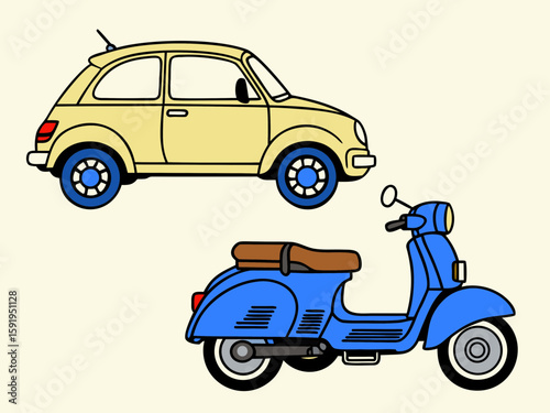 Retro yellow car and blue scooter illustration