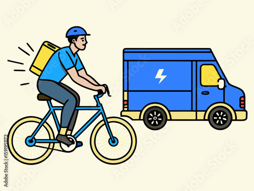 Delivery person on bicycle next to electric delivery van