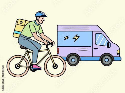 Delivery person on bicycle with insulated bag next to van