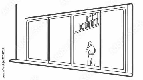 Vector Minimalist illustration of man standing by large window, engaged phone call, with view