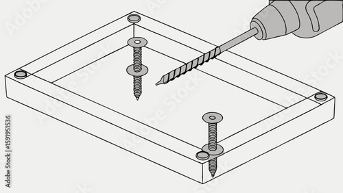 Vector Rectangular piece of glass is shown fastened with screws and drill, illustrating DIY project
