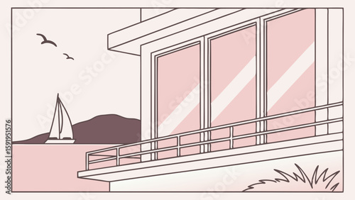 Vector Modern building with large windows reflects serene landscape, featuring sailboat and mountains