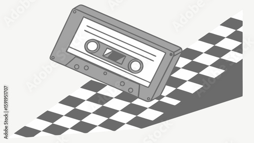 Vector Gray cassette tape on checkered surface, creating nostalgic vibe