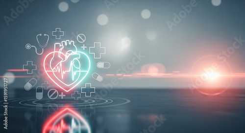 Digital Healthcare and Medical Innovation with Abstract Heart and RX Symbols
