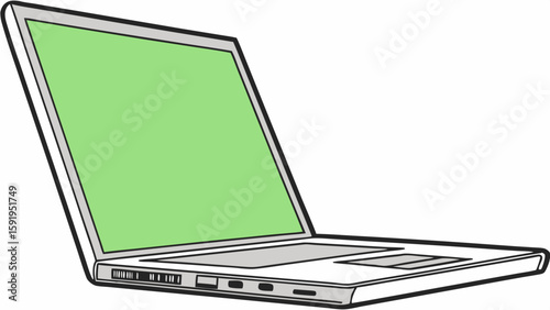 Vector Silver laptop with blank green screen is displayed, showcasing its sleek design and modern