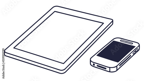 Vector Simple line drawing of tablet and black monitor smartphone, showcasing modern technology and design