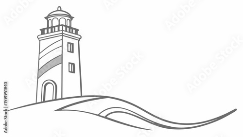 Vector Stylized grey lighthouse stands on gentle wave, evoking calmness and serenity