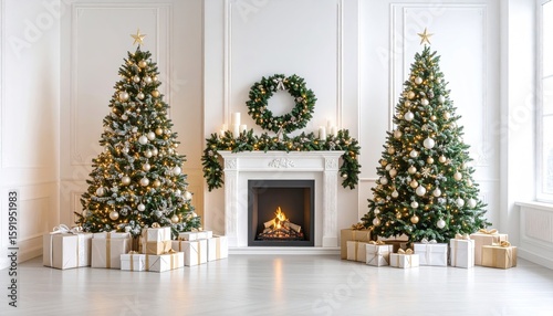 Christmas Trees by a Fireplace