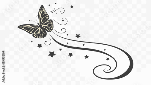 Vector Beautiful butterfly with swirling trails and stars, creating magical atmosphere